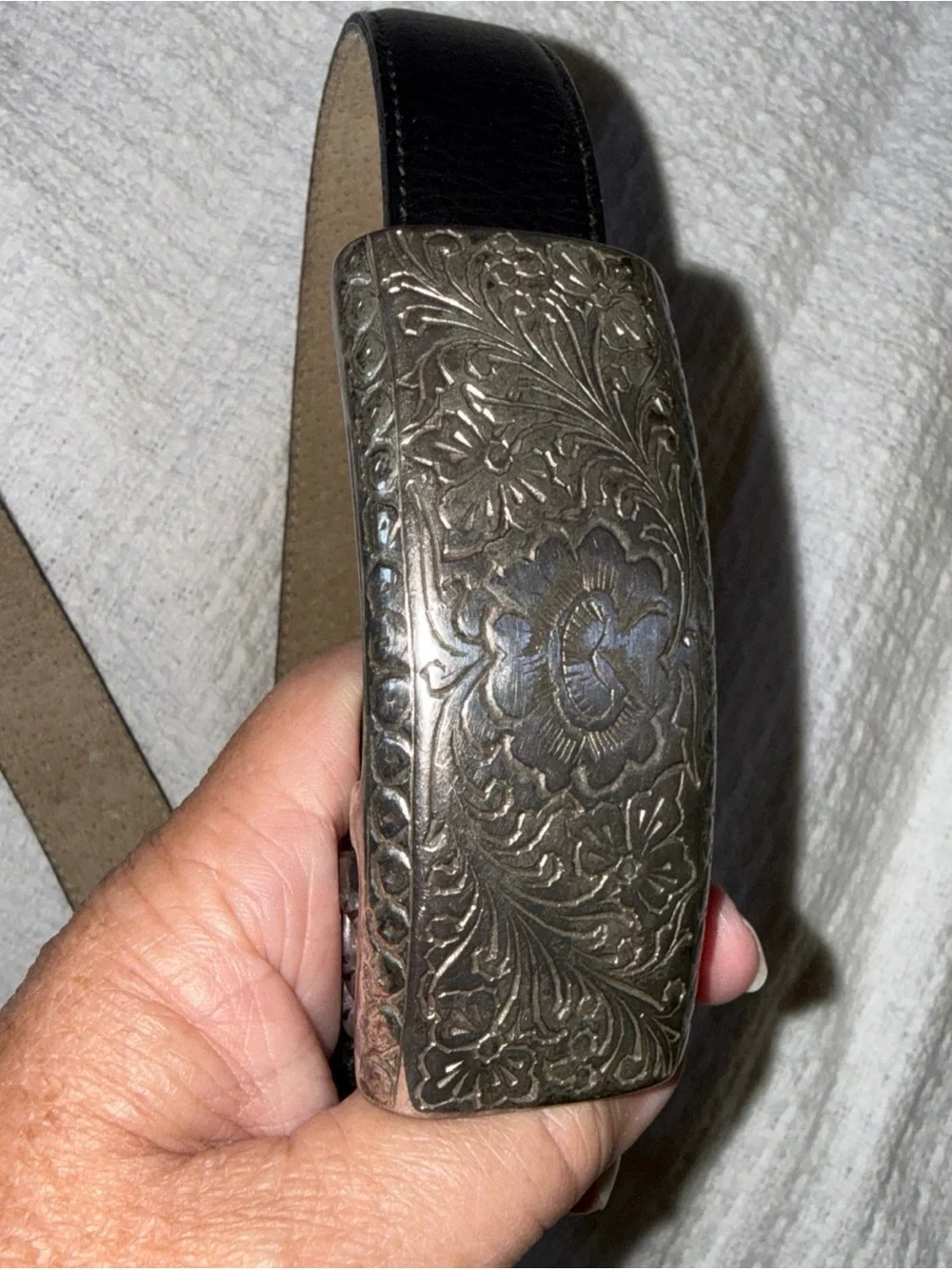 Vintage Western Boho Patricia Green Black Leather Belt w/ Silver Filigree Buckle